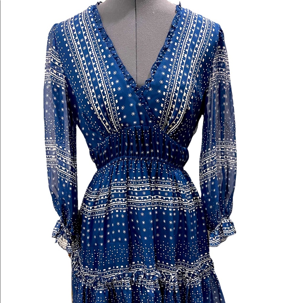 SHOSHANNA Blue peasant v neck mini ruffle dress Size 4